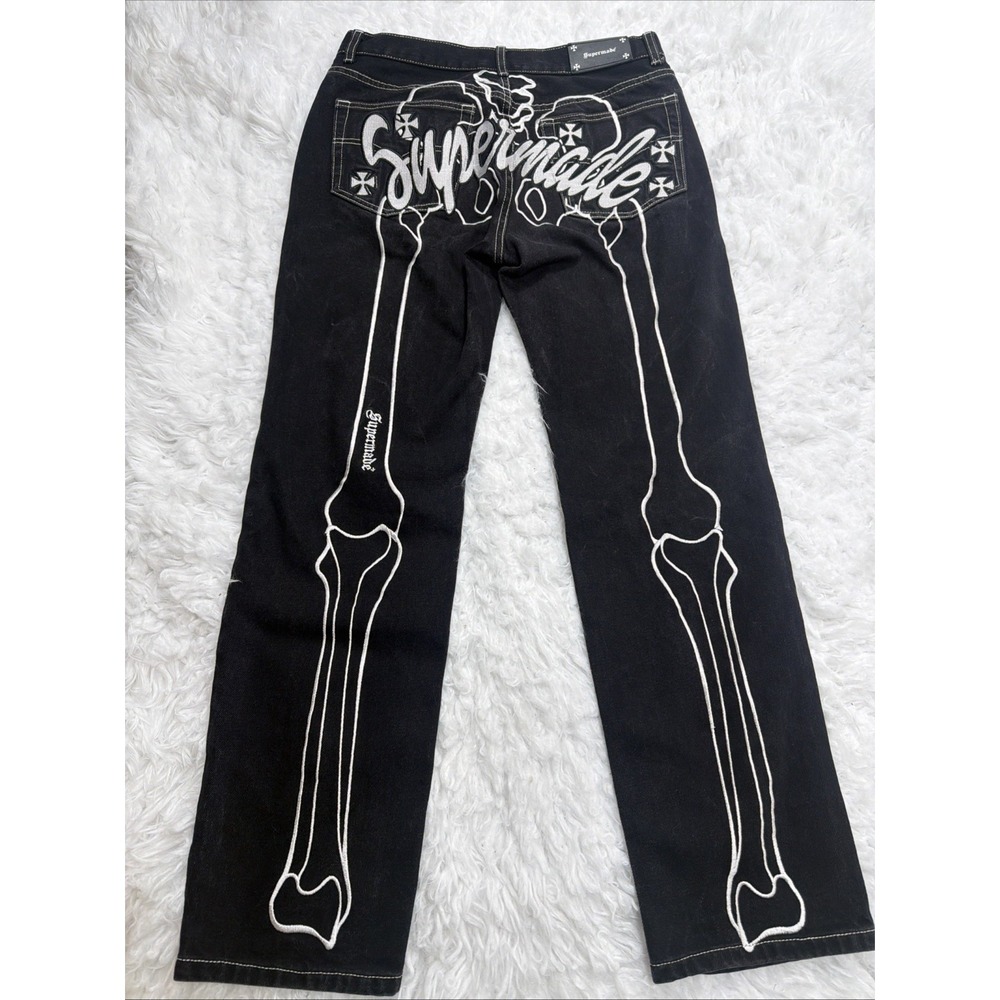 Vintage Skeleton Embroidered Jeans Mens Medium SUPERMADE Black 32x30 90's Y2K